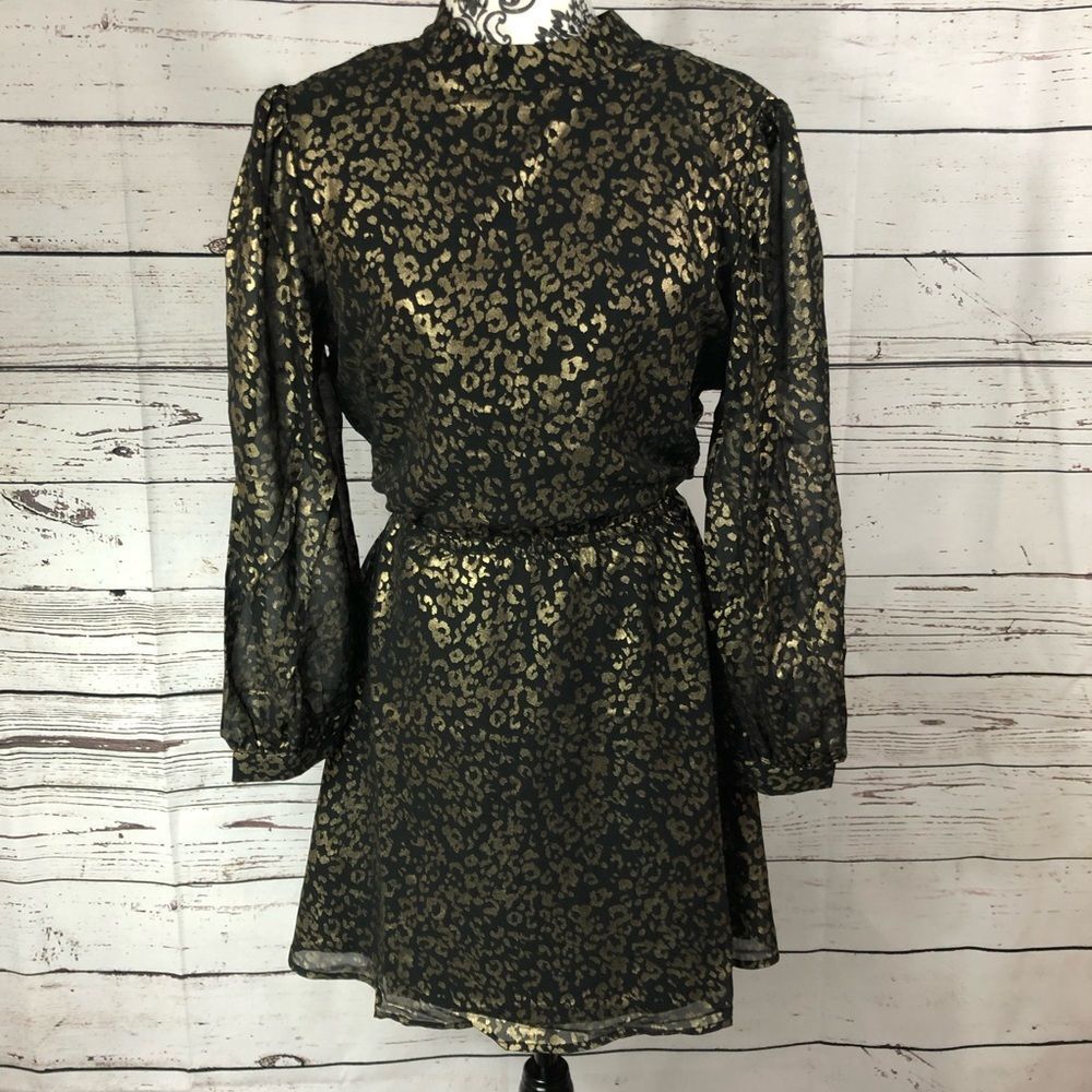 Cupcakes and Cashmere Jola Metallic Leopard Print Open Back Dress Black Gold S